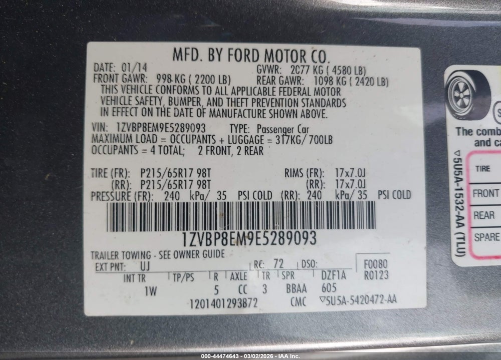 2014 FORD MUSTANG V6 VIN: 1ZVBP8EM9E5289093