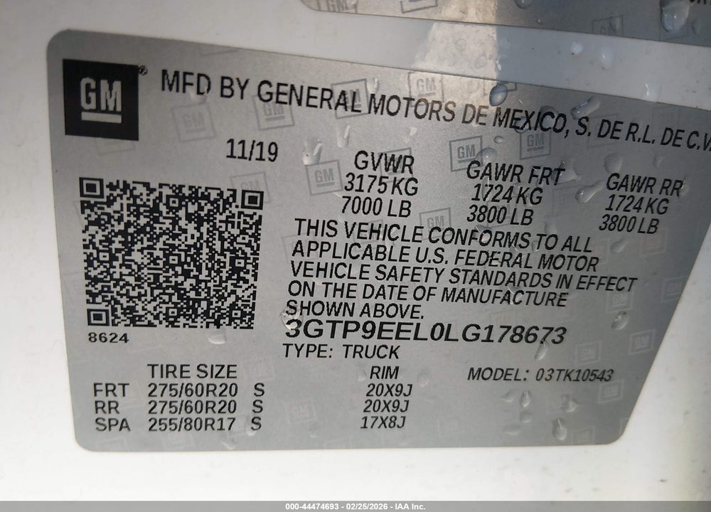 2020 GMC SIERRA 1500 4WD  SHORT BOX AT4 VIN: 3GTP9EEL0LG178673