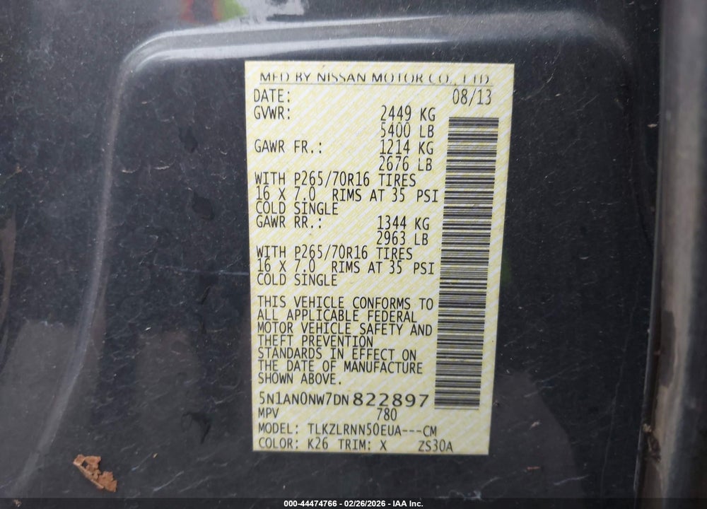 2013 NISSAN XTERRA S VIN: 5N1AN0NW7DN822897