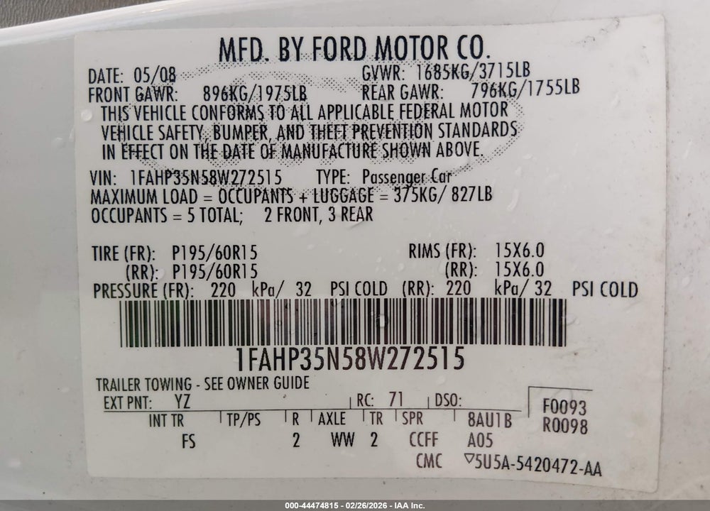 2008 FORD FOCUS SE/SES VIN: 1FAHP35N58W272515