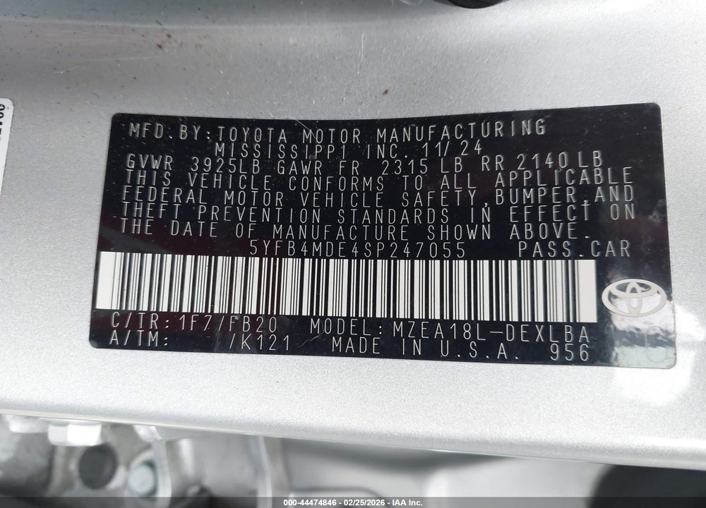 2025 TOYOTA COROLLA LE VIN: 5YFB4MDE4SP247055