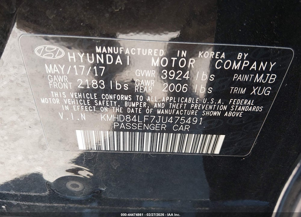 2018 HYUNDAI ELANTRA SEL VIN: KMHD84LF7JU475491