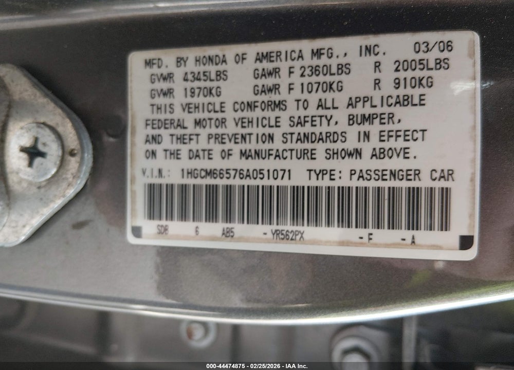 2006 HONDA ACCORD 3.0 EX VIN: 1HGCM66576A051071