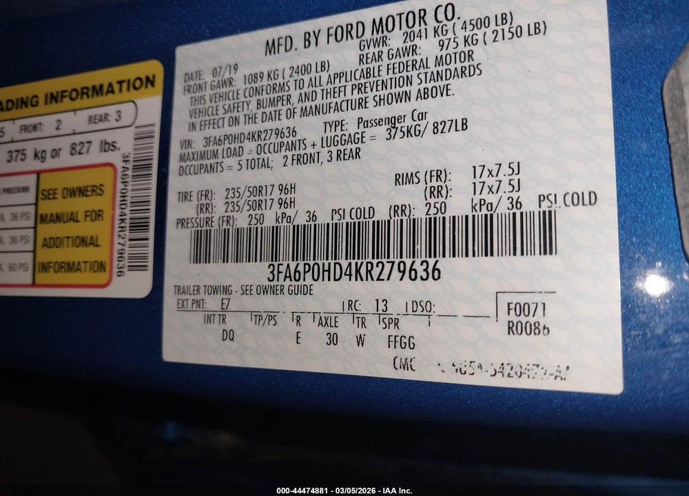 2019 FORD FUSION SE VIN: 3FA6P0HD4KR279636