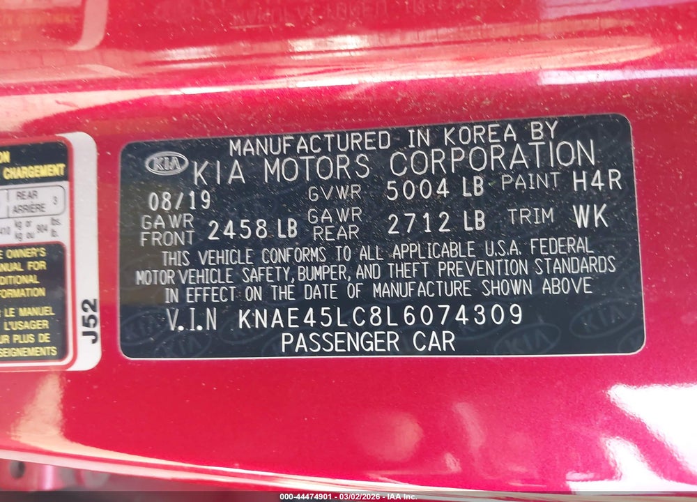 2020 KIA STINGER GT1 VIN: KNAE45LC8L6074309