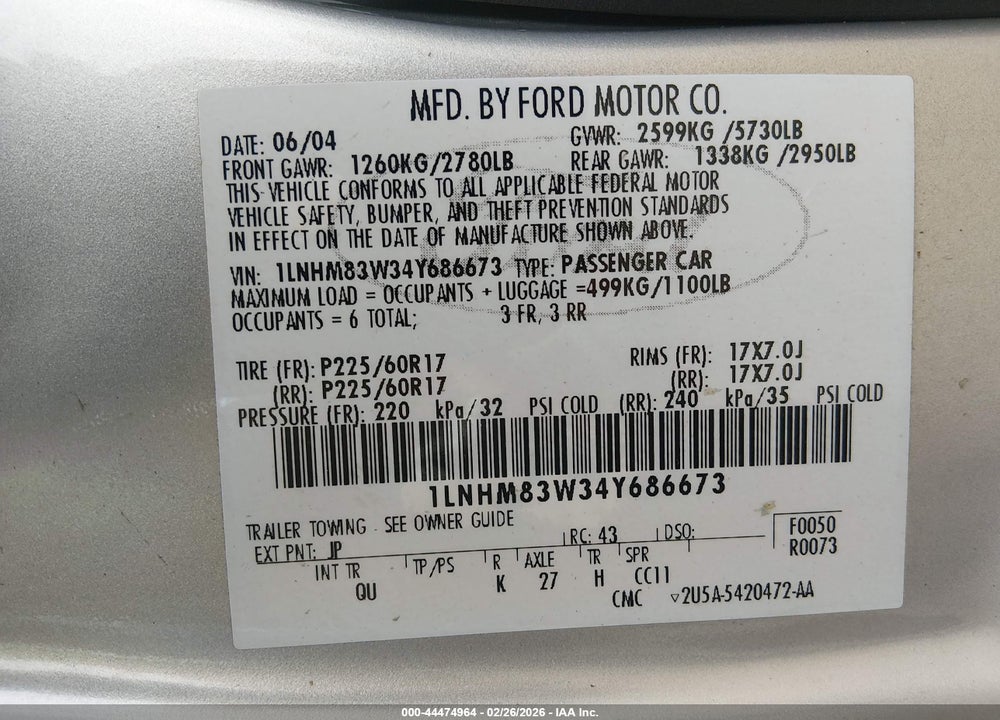 2004 LINCOLN TOWN CAR ULTIMATE VIN: 1LNHM83W34Y686673