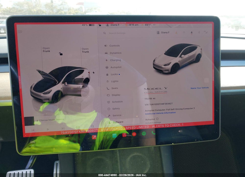 2022 TESLA MODEL Y PERFORMANCE DUAL MOTOR ALL-WHEEL DRIVE VIN: 7SAYGDEFXNF393827