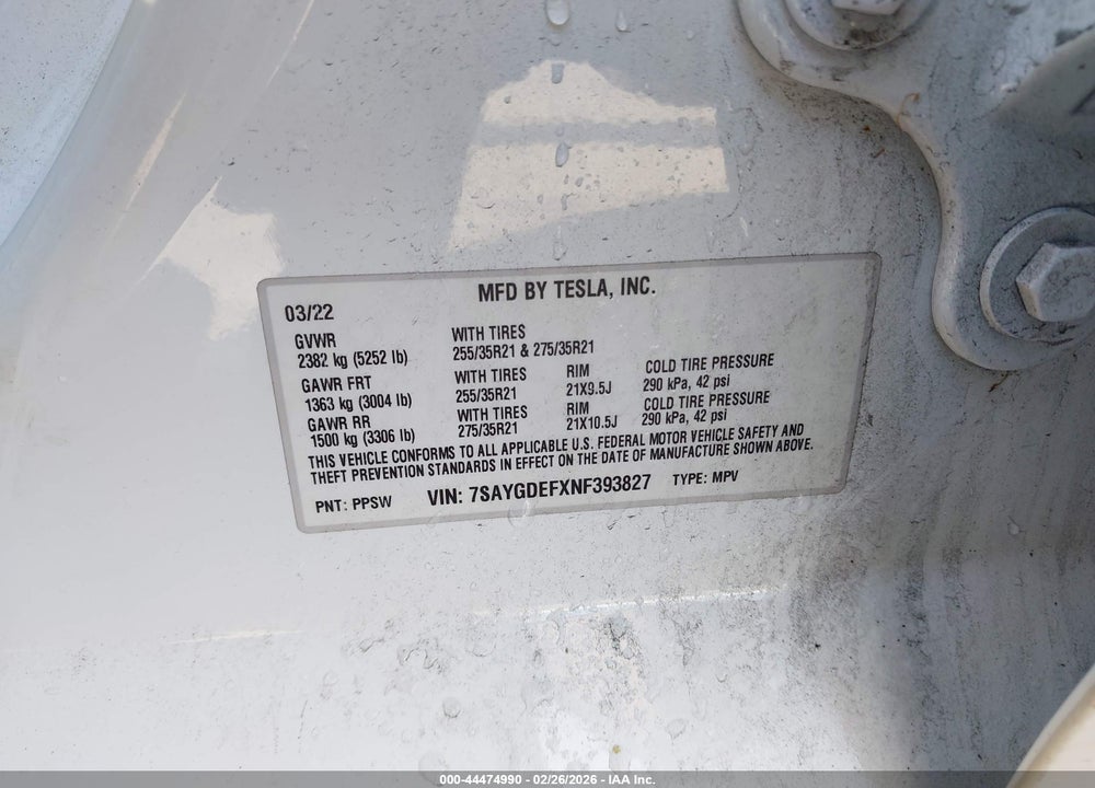 2022 TESLA MODEL Y PERFORMANCE DUAL MOTOR ALL-WHEEL DRIVE VIN: 7SAYGDEFXNF393827