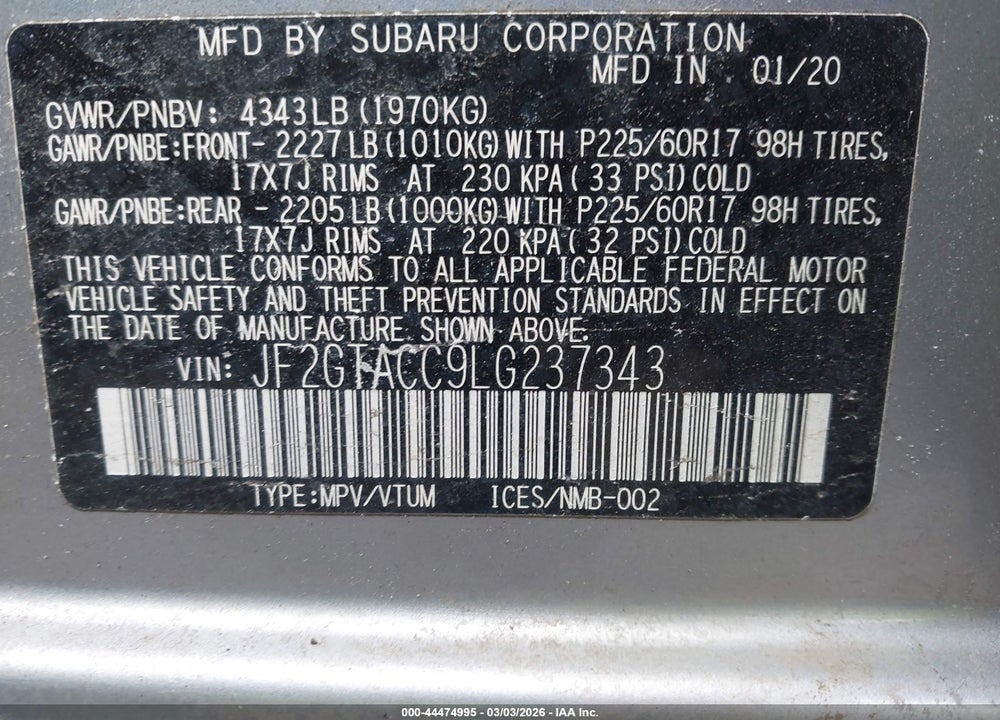 2020 SUBARU CROSSTREK PREMIUM VIN: JF2GTACC9LG237343