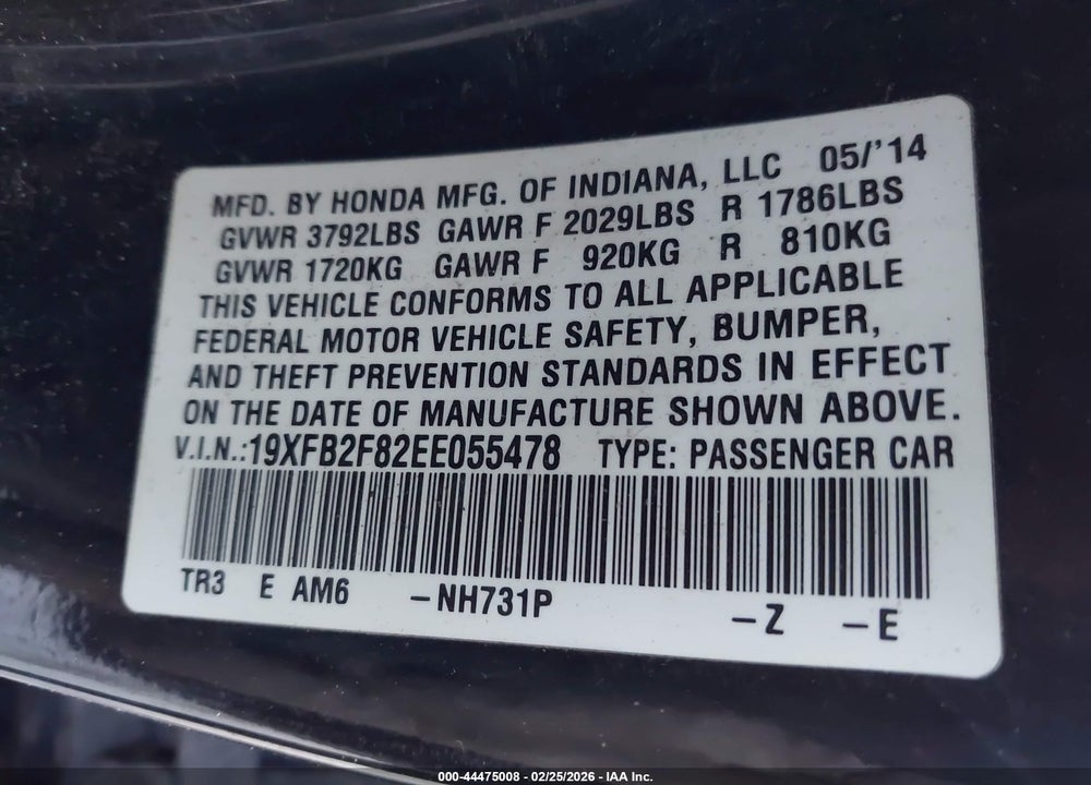 2014 HONDA CIVIC EX VIN: 19XFB2F82EE055478