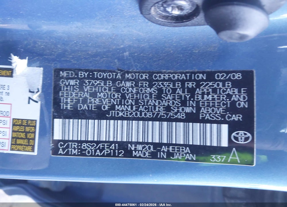 2008 TOYOTA PRIUS VIN: JTDKB20U087757548