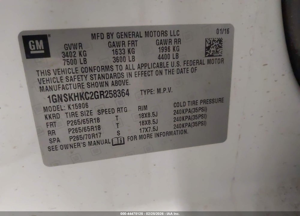 2016 CHEVROLET SUBURBAN LT VIN: 1GNSKHKC2GR258364