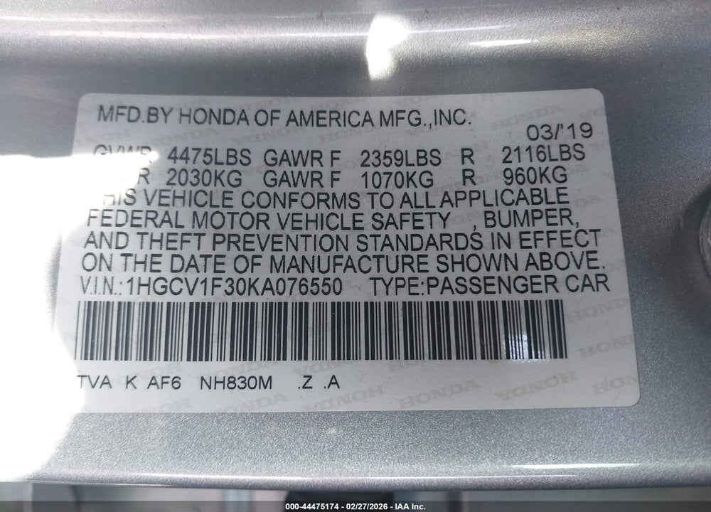 2019 HONDA ACCORD SPORT VIN: 1HGCV1F30KA076550