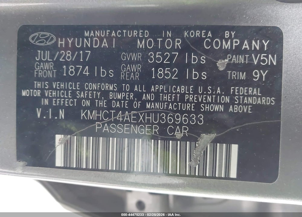 2017 HYUNDAI ACCENT SE VIN: KMHCT4AEXHU369633