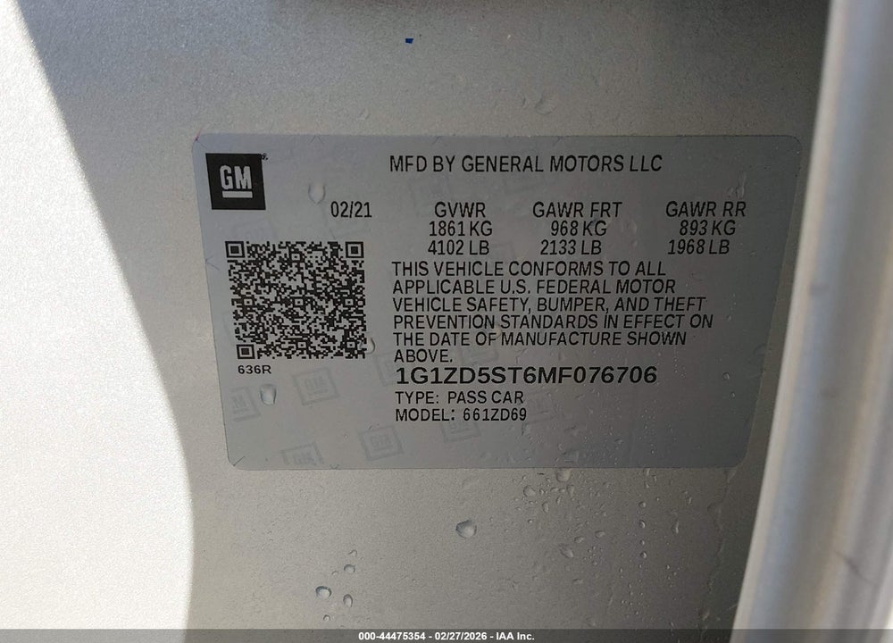 2021 CHEVROLET MALIBU FWD LT VIN: 1G1ZD5ST6MF076706