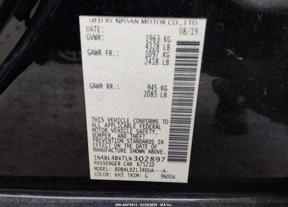 2020 NISSAN ALTIMA S FWD VIN: 1N4BL4BV7LN302897