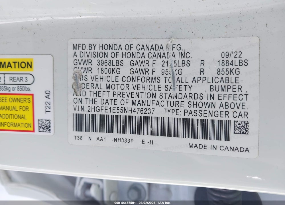 2022 HONDA CIVIC SI SEDAN VIN: 2HGFE1E55NH476237