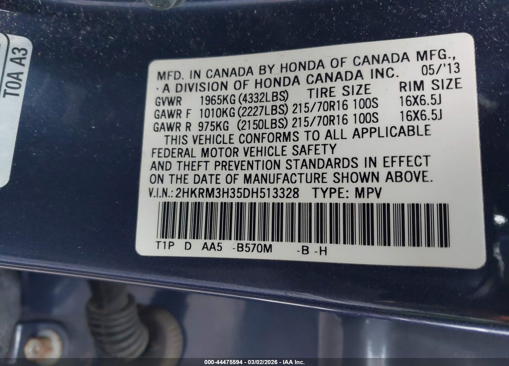 2013 HONDA CR-V LX VIN: 2HKRM3H35DH513328