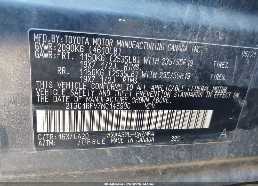 2021 TOYOTA RAV4 XLE PREMIUM VIN: 2T3C1RFV7MC145900