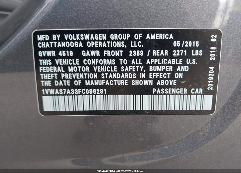 2015 VOLKSWAGEN PASSAT 1.8T LIMITED EDITION VIN: 1VWAS7A33FC096291