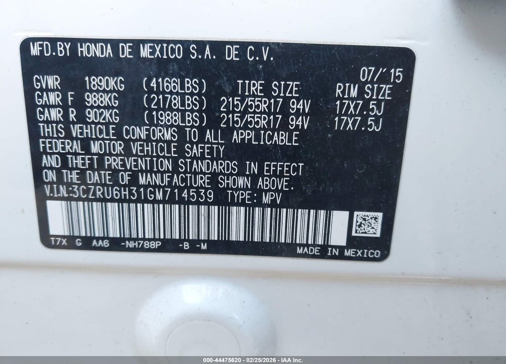 2016 HONDA HR-V LX VIN: 3CZRU6H31GM714539