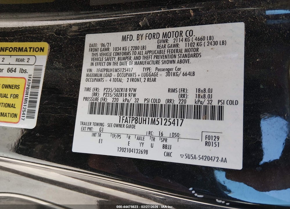 2021 FORD MUSTANG ECOBOOST PREMIUM VIN: 1FATP8UH1M5125417