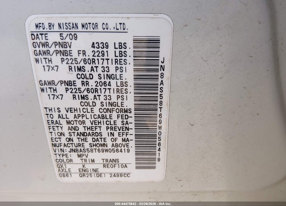 2009 NISSAN ROGUE SL VIN: JN8AS58T69W056419