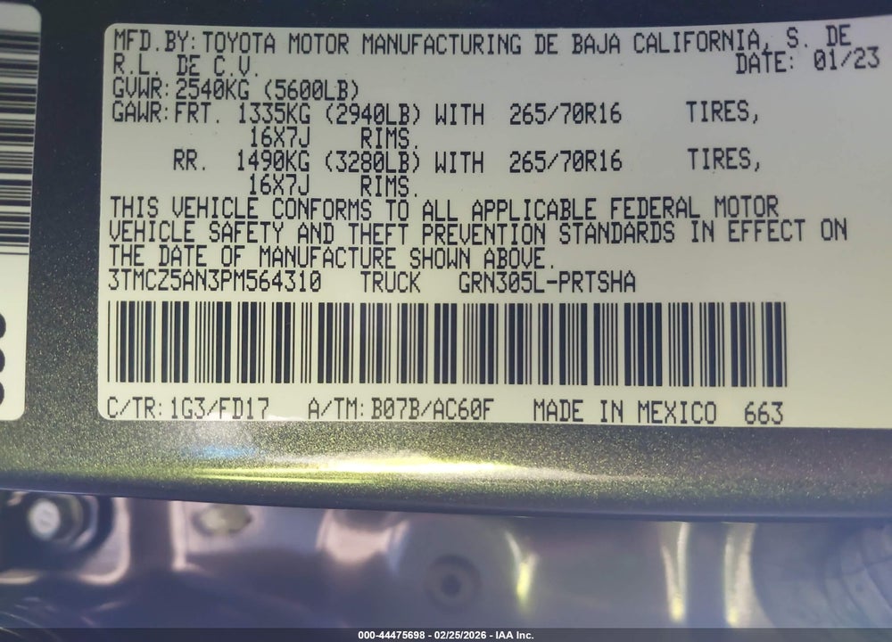 2023 TOYOTA TACOMA TRD OFF ROAD VIN: 3TMCZ5AN3PM564310