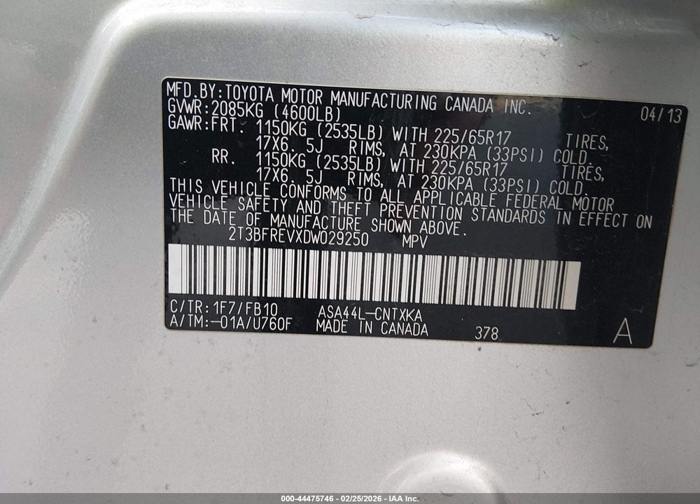 2013 TOYOTA RAV4 LE VIN: 2T3BFREVXDW029250