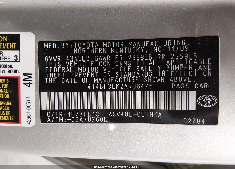 2010 TOYOTA CAMRY LE VIN: 4T4BF3EK2AR064751