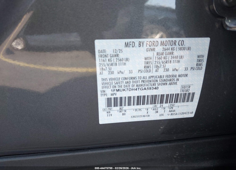 2026 FORD EXPLORER ACTIVE VIN: 1FMUK7DH4TGA59340