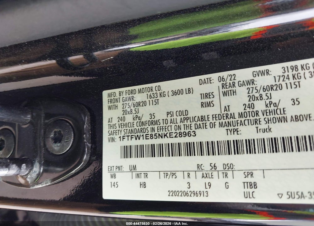 2022 FORD F-150 LARIAT VIN: 1FTFW1E85NKE28963