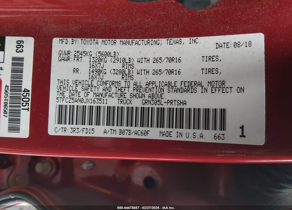 2018 TOYOTA TACOMA TRD OFF ROAD VIN: 5TFCZ5AN0JX163511