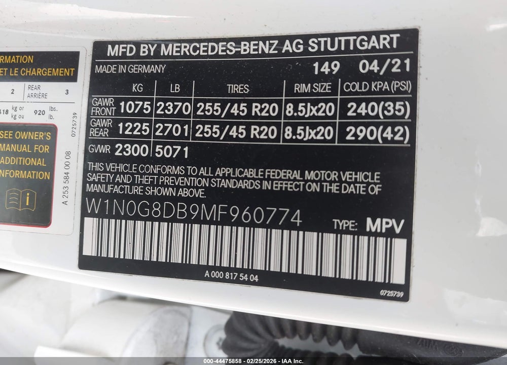 2021 MERCEDES-BENZ GLC 300 SUV VIN: W1N0G8DB9MF960774