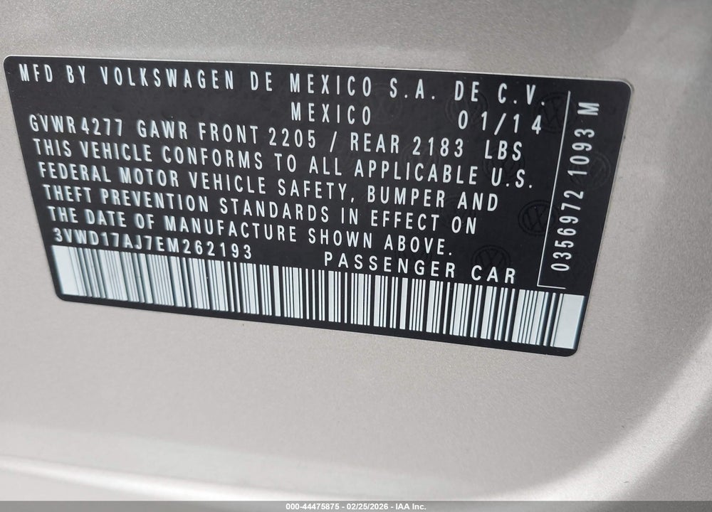 2014 VOLKSWAGEN JETTA 1.8T SE VIN: 3VWD17AJ7EM262193