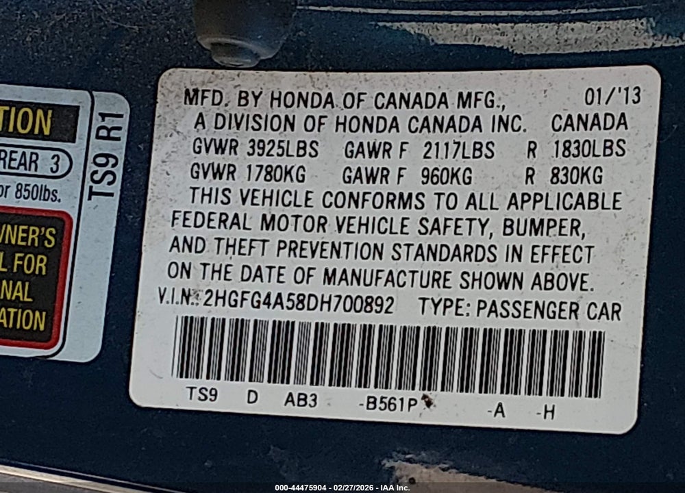 2013 HONDA CIVIC SI VIN: 2HGFG4A58DH700892