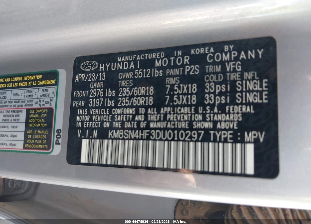 2013 HYUNDAI SANTA FE GLS VIN: KM8SN4HF3DU010297
