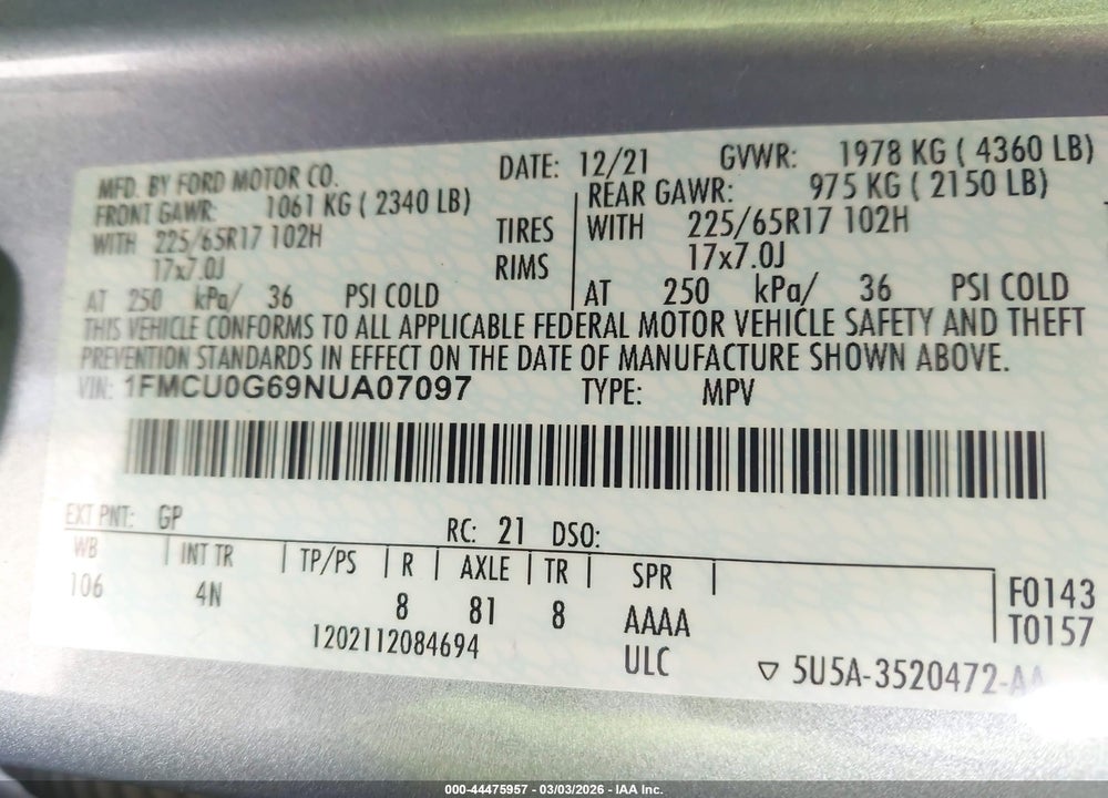 2022 FORD ESCAPE SE VIN: 1FMCU0G69NUA07097