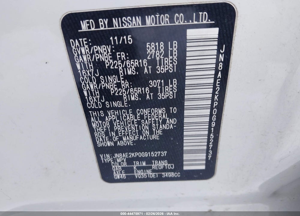 2016 NISSAN QUEST S/SV/SL/PLATINUM VIN: JN8AE2KP0G9152737