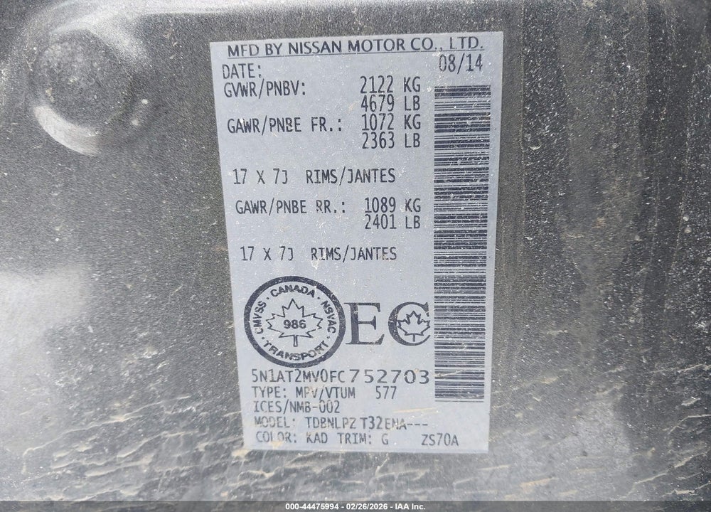 2015 NISSAN ROGUE S/SL/SV VIN: 5N1AT2MV0FC752703
