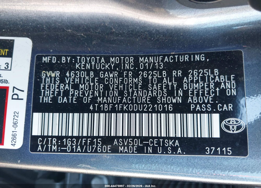 2013 TOYOTA CAMRY SE VIN: 4T1BF1FK0DU221016