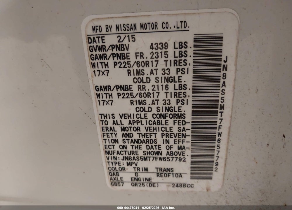 2015 NISSAN ROGUE SELECT S VIN: JN8AS5MT7FW657792