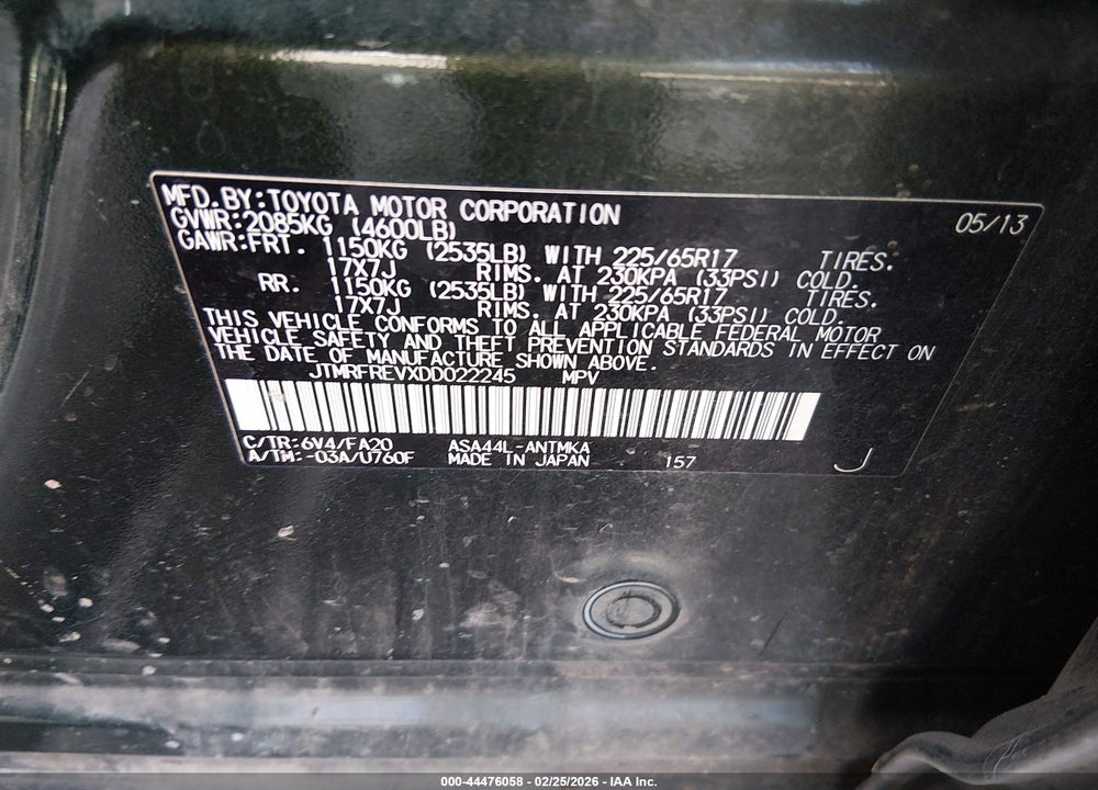 2013 TOYOTA RAV4 XLE VIN: JTMRFREVXDD022245