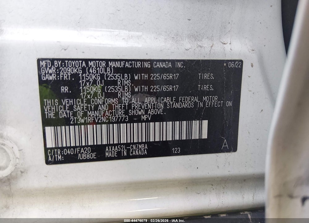 2022 TOYOTA RAV4 XLE VIN: 2T3W1RFV2NC197773