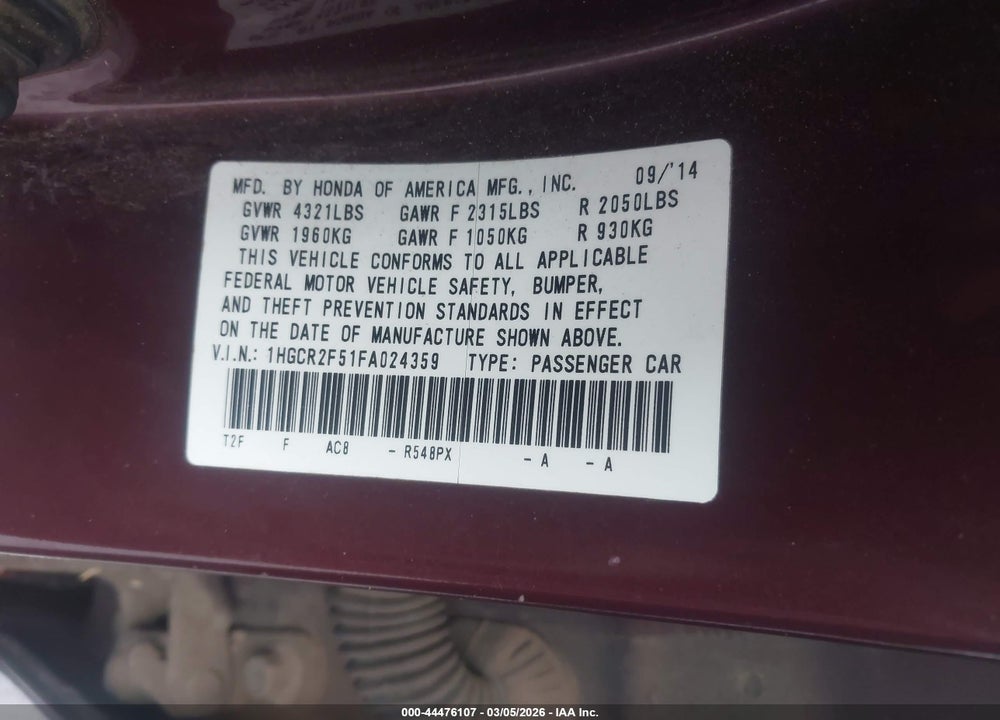 2015 HONDA ACCORD SPORT VIN: 1HGCR2F51FA024359