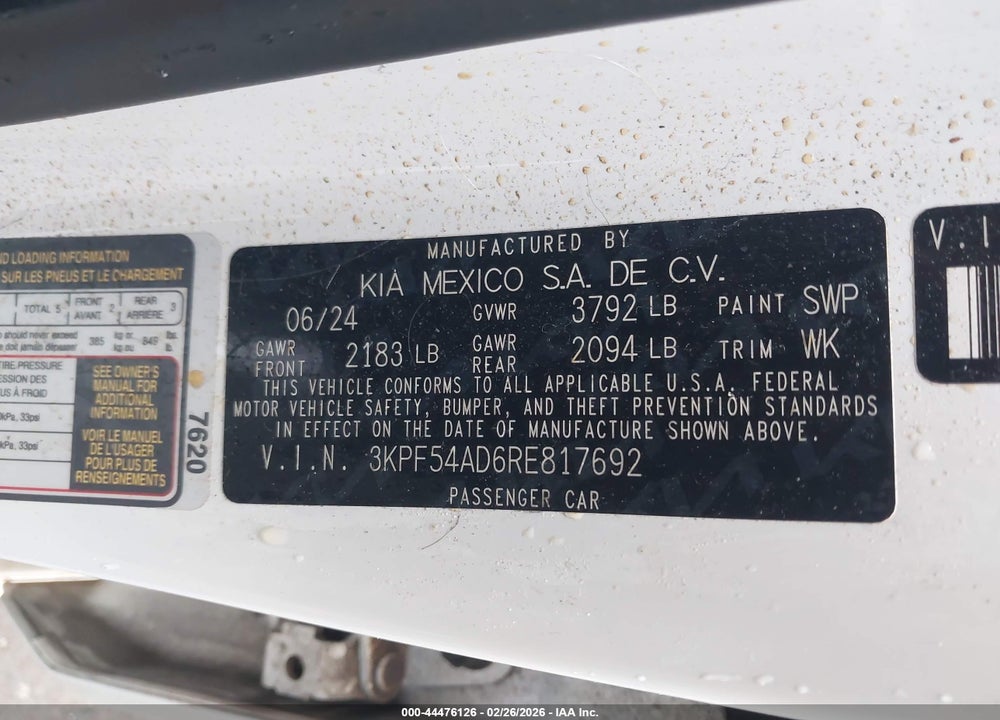 2024 KIA FORTE GT-LINE VIN: 3KPF54AD6RE817692