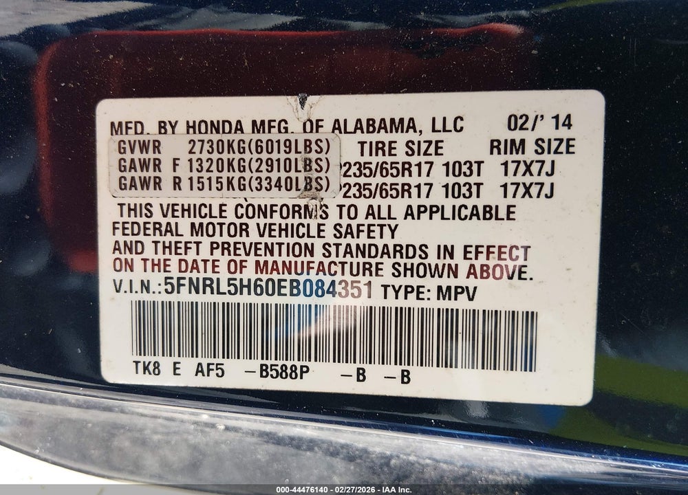 2014 HONDA ODYSSEY EX-L VIN: 5FNRL5H60EB084351