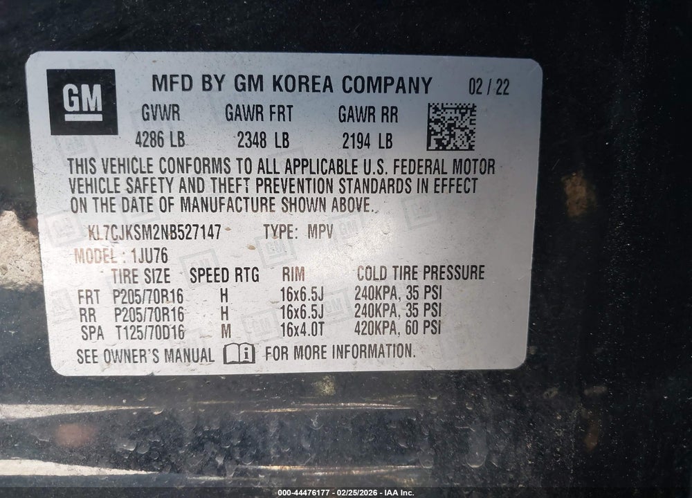 2022 CHEVROLET TRAX FWD LS VIN: KL7CJKSM2NB527147