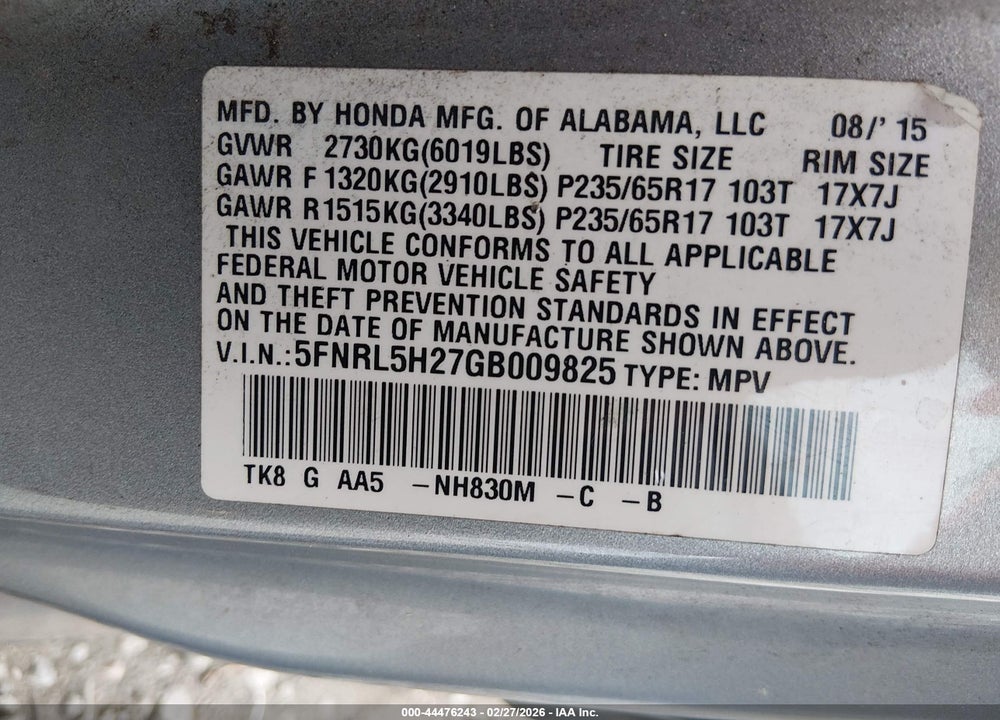 2016 HONDA ODYSSEY LX VIN: 5FNRL5H27GB009825