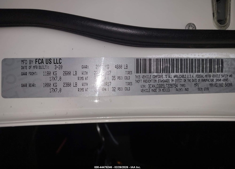 2020 JEEP COMPASS SUN AND SAFETY 4X4 VIN: 3C4NJDBB5LT228754